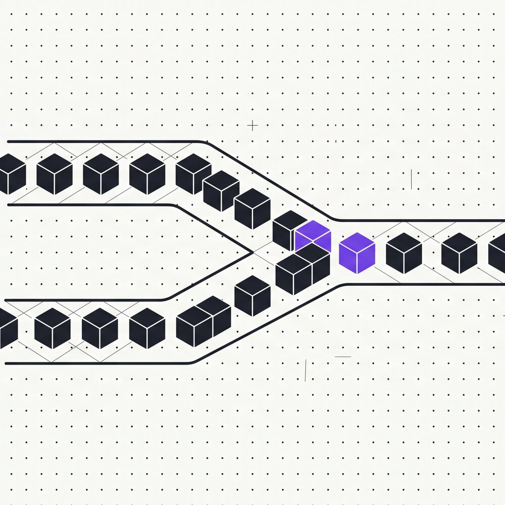 Differential attention as two parallel flows of small cubes converging into a single output stream, with a single violet cube at the convergence point marking the difference operation.